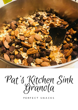 Granola - Pat's Kitchen Sink Granola - Granola with lots of flavor including organic Vietnamese cinnamon, Torani Chocolate and Caramel Sauces, Roasted Almonds, Hershey's sauces, Pecans, Organic Honey and much more in this #patskitchensinkgranola recipe 